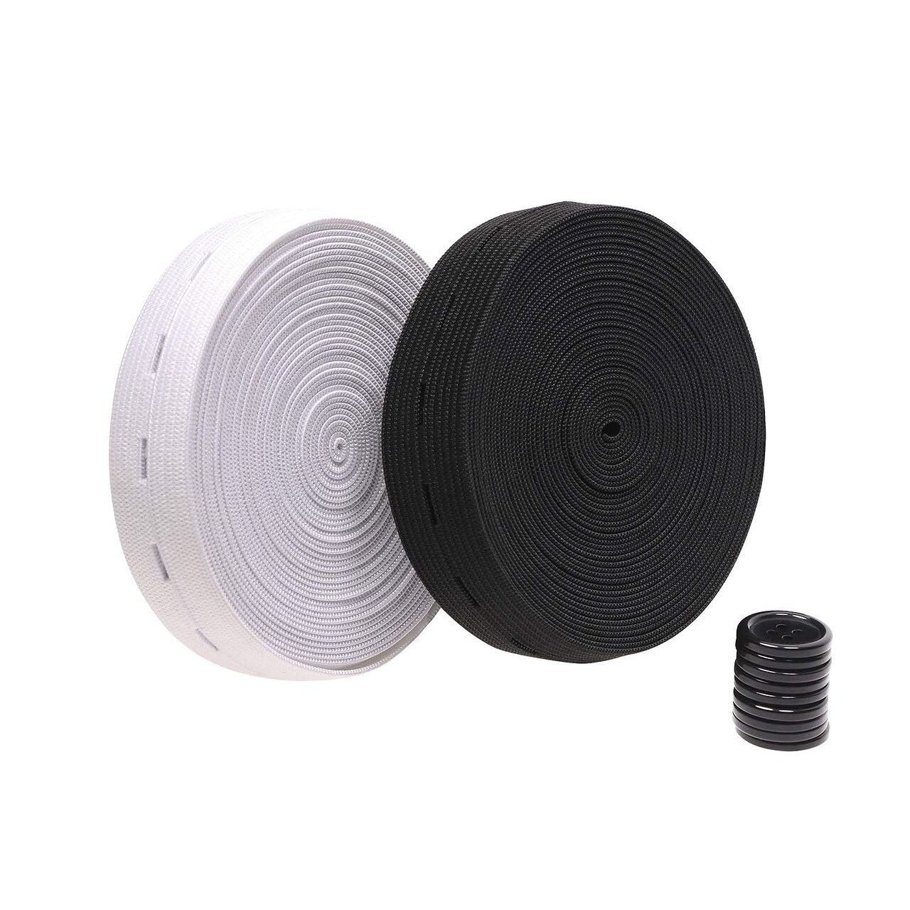 2 Colors Elastic Sewing Bands 11 Yards 3/4 Inch Flatback Black and White Sewing Bands Spool With Buttonhole, Knit Stretch Cord Belt with 10Pcs 18mm Black Resin Button (3/4")